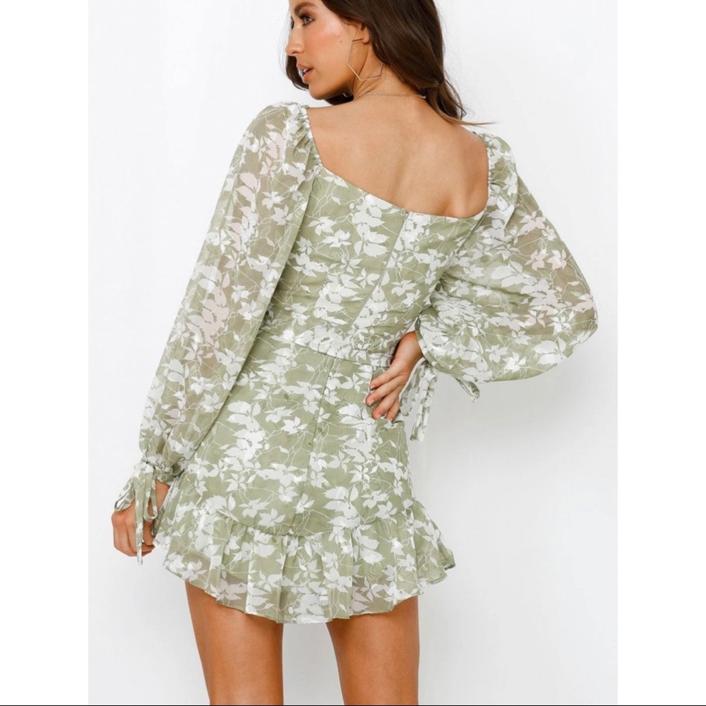 Hello Molly Long Sleeve Floral Olive Green and White Waist Tie Mini Dress - Picture 3 of 6